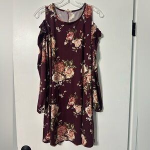 Maroon Floral Print Cold Shoulder Dress Womens Small